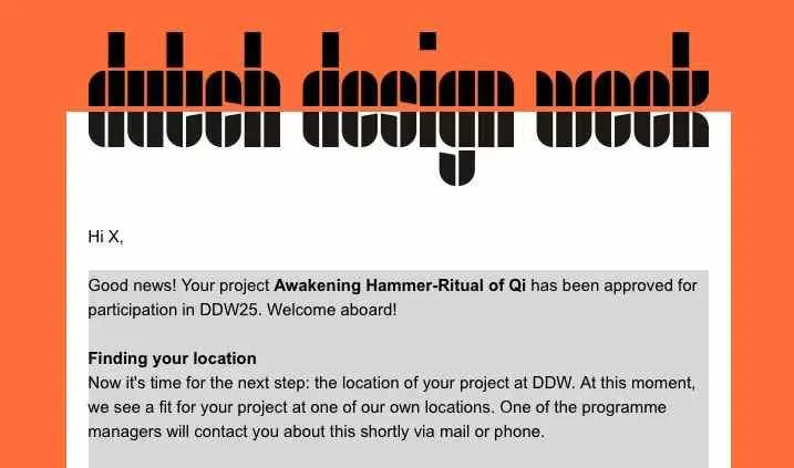 Dutch Design Week 2025 selection notice for Awakening Hammer